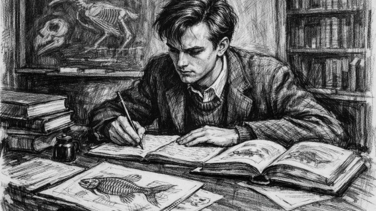 Richard Dawkins kao student na Oxfordu, nacrtan u ugalj stilu s naglašenom akademskom atmosferom.