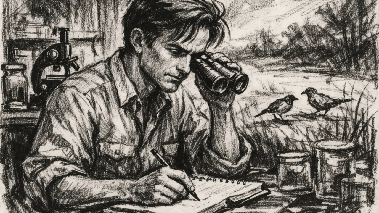 Richard Dawkins tijekom znanstvenog rada i proučavanja ponašanja životinja u ugalj stilu.