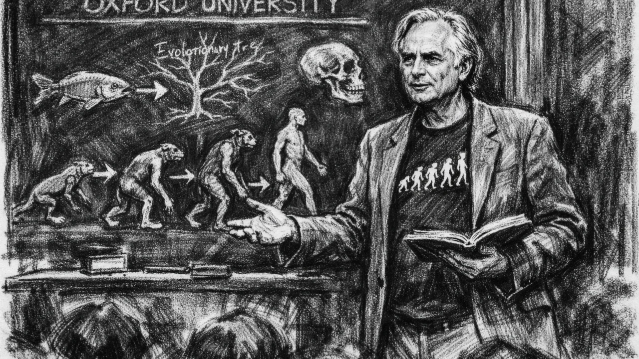 Richard Dawkins kao predavač na Oxfordu, prikazan u ugalj stilu s pločom i dijagramima evolucije.