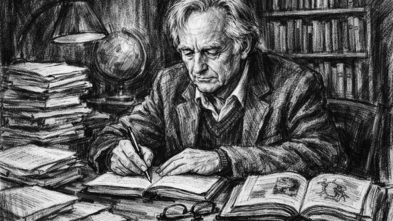 Stariji Richard Dawkins koji piše knjigu u mirnoj radnoj sobi, ilustriran u ugalj stilu.