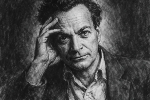 Portret Richarda Feynmana u ugalj stilu, snažan crno-bijeli crtež s izražajnim linijama i kontrastom.
