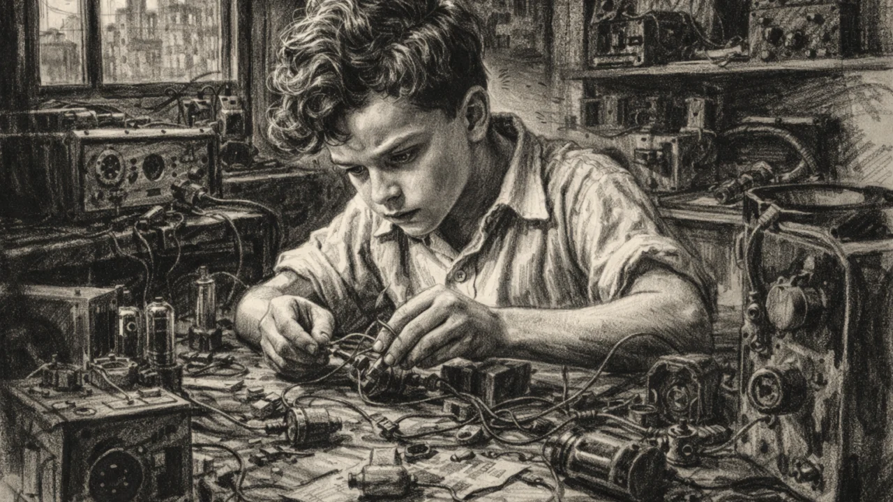 Mladi Richard Feynman kao dječak koji rastavlja električne uređaje, prikazan u ugalj stilu s naglašenim kontrastima.