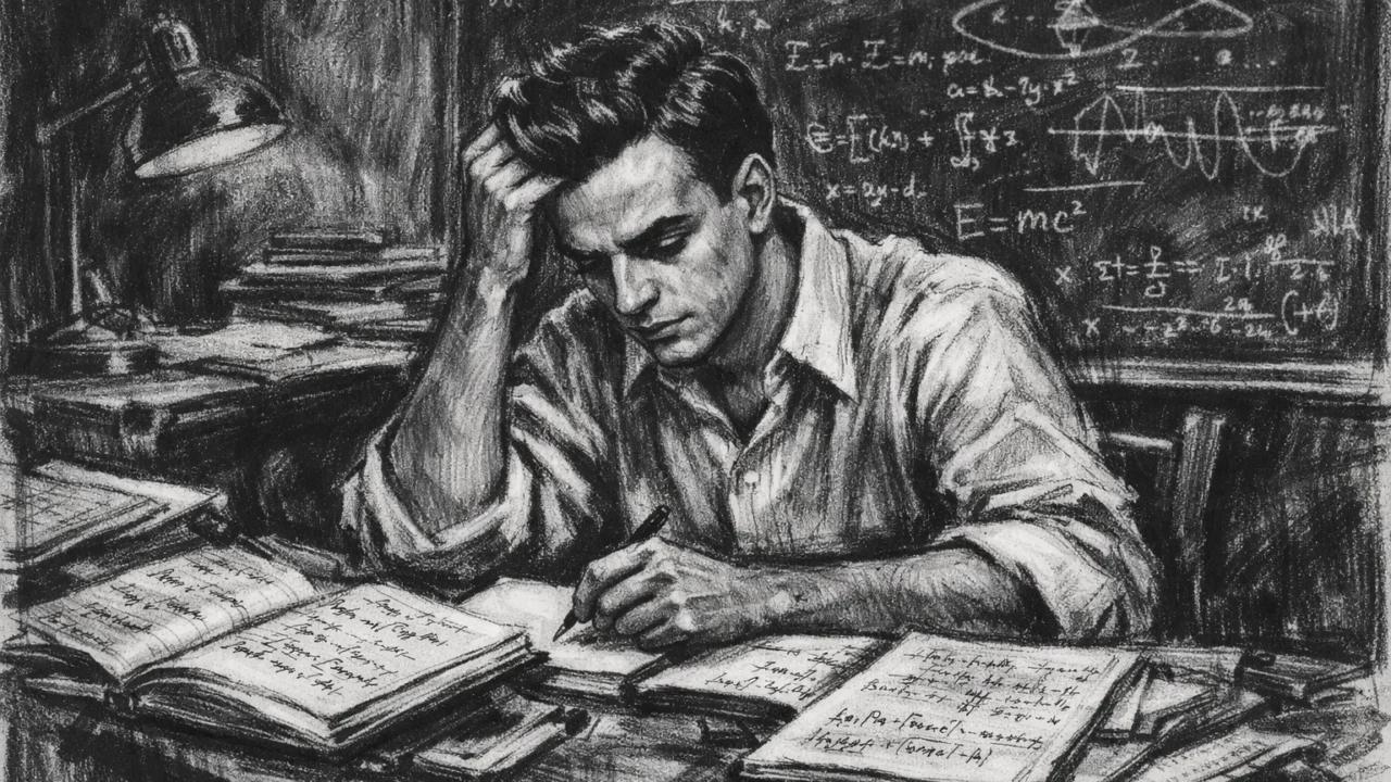 Richard Feynman tijekom studija na MIT-u, okružen matematičkim formulama, nacrtan u ugalj stilu.