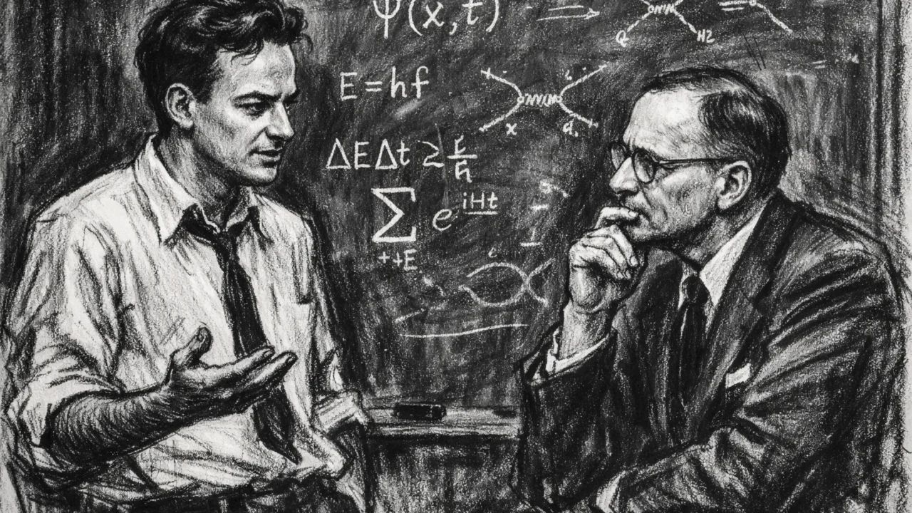 Richard Feynman na Princetonu tijekom doktorskog studija, u znanstvenoj raspravi, prikazan u ugalj stilu.