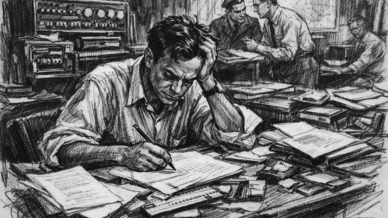 Richard Feynman u laboratoriju Los Alamos tijekom Manhattan projekta, prikazan u dramatičnom ugalj stilu.