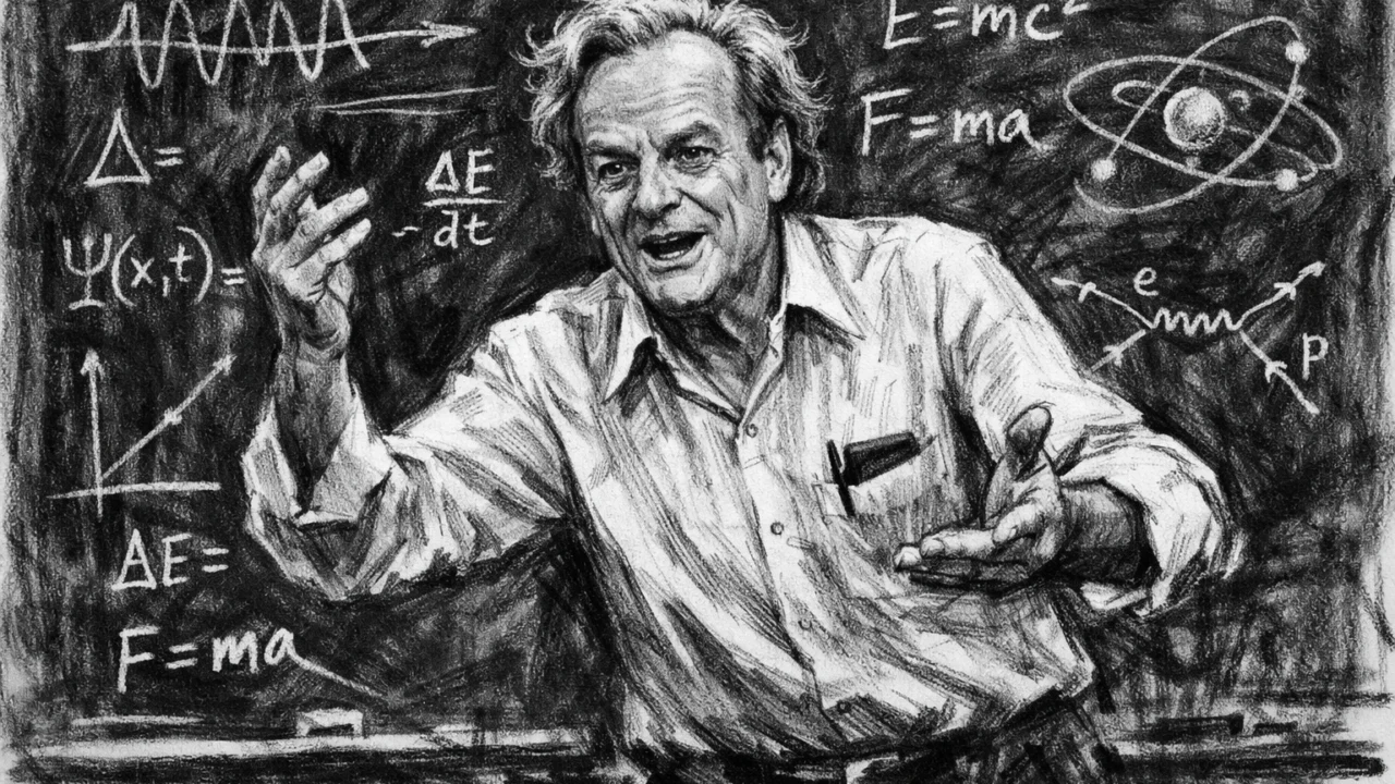 Richard Feynman kao profesor koji strastveno predaje fiziku, ilustriran u ugalj stilu.