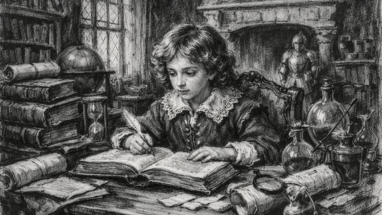 Mladi Robert Boyle u djetinjstvu u dvorcu Lismore, prikazan u ugalj stilu s knjigama i povijesnim interijerom.