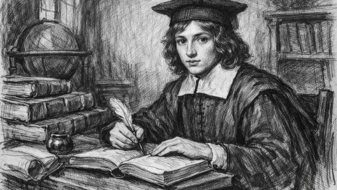 Robert Boyle kao učenik na Etonu, crno-bijela ilustracija u ugalj stilu s naglaskom na obrazovanje.