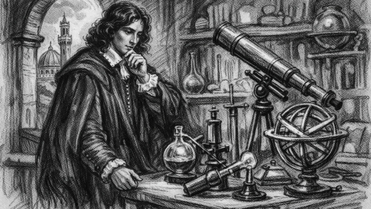 Robert Boyle u Italiji tijekom mladosti, znanstveni ambijent prikazan u ugalj stilu s jakim kontrastom.