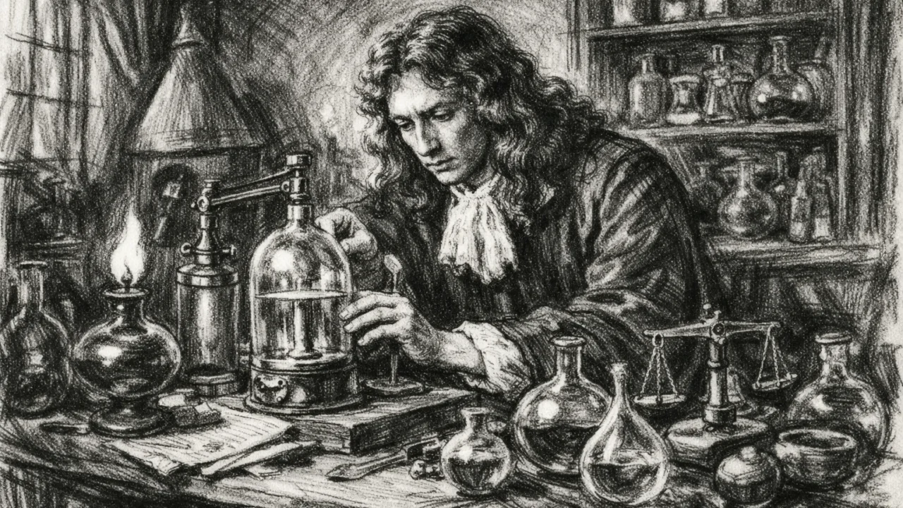 Robert Boyle tijekom ranih eksperimenata na obiteljskom imanju, ilustriran u ugalj stilu s laboratorijskom opremom.