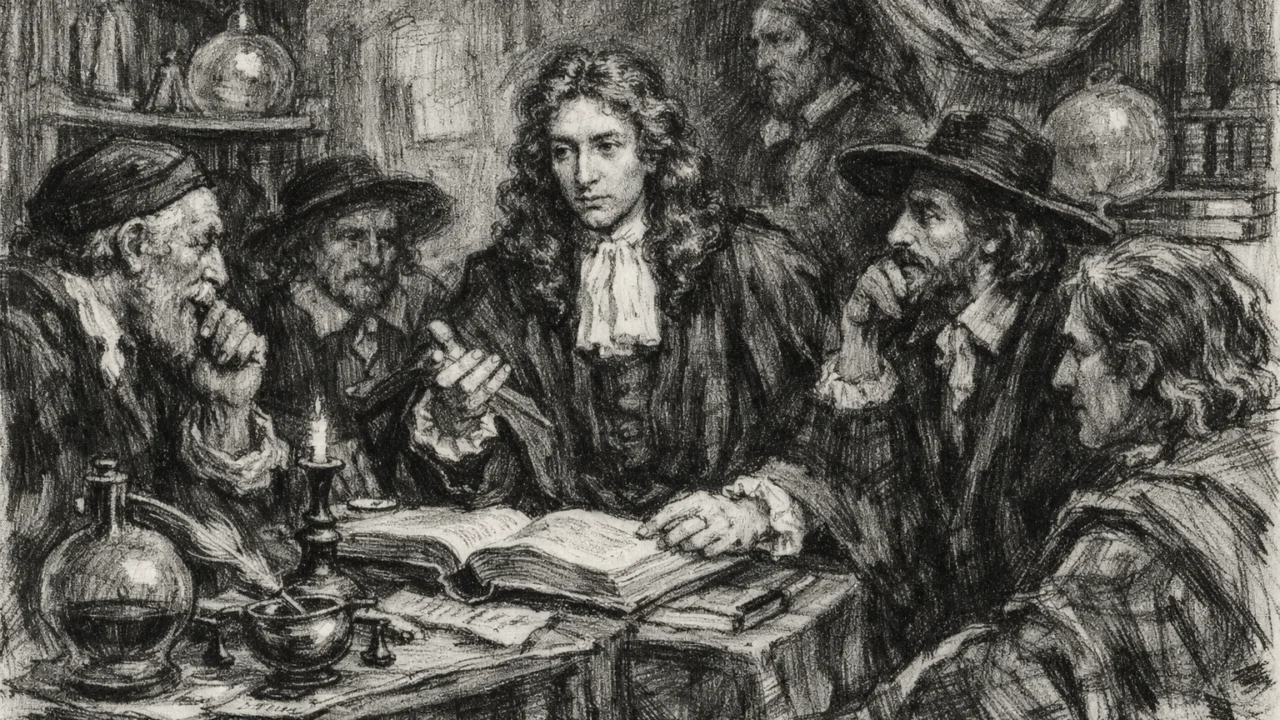 Robert Boyle u krugu Nevidljivog kolegija, povijesna scena renderirana u ugalj stilu s izražajnim linijama.