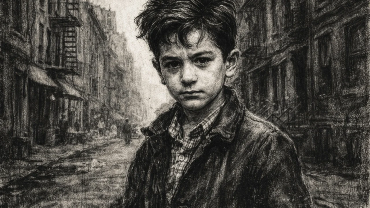 Prikaz mladog Roberta De Nira u Little Italyju u ugalj stilu, crno-bijela scena iz ranog života