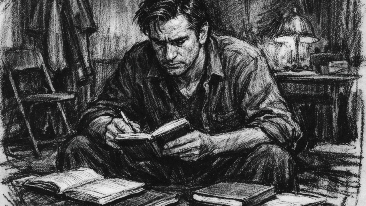 Robert De Niro na glumačkoj edukaciji u Actors Studiju u ugalj stilu, crno-bijeli umjetnički prikaz