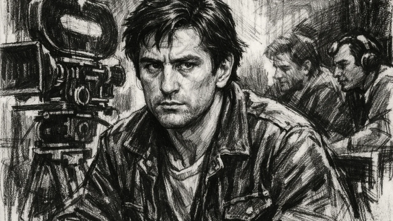 Rani filmski počeci Roberta De Nira na setu u ugalj stilu, snažan crno-bijeli kontrast