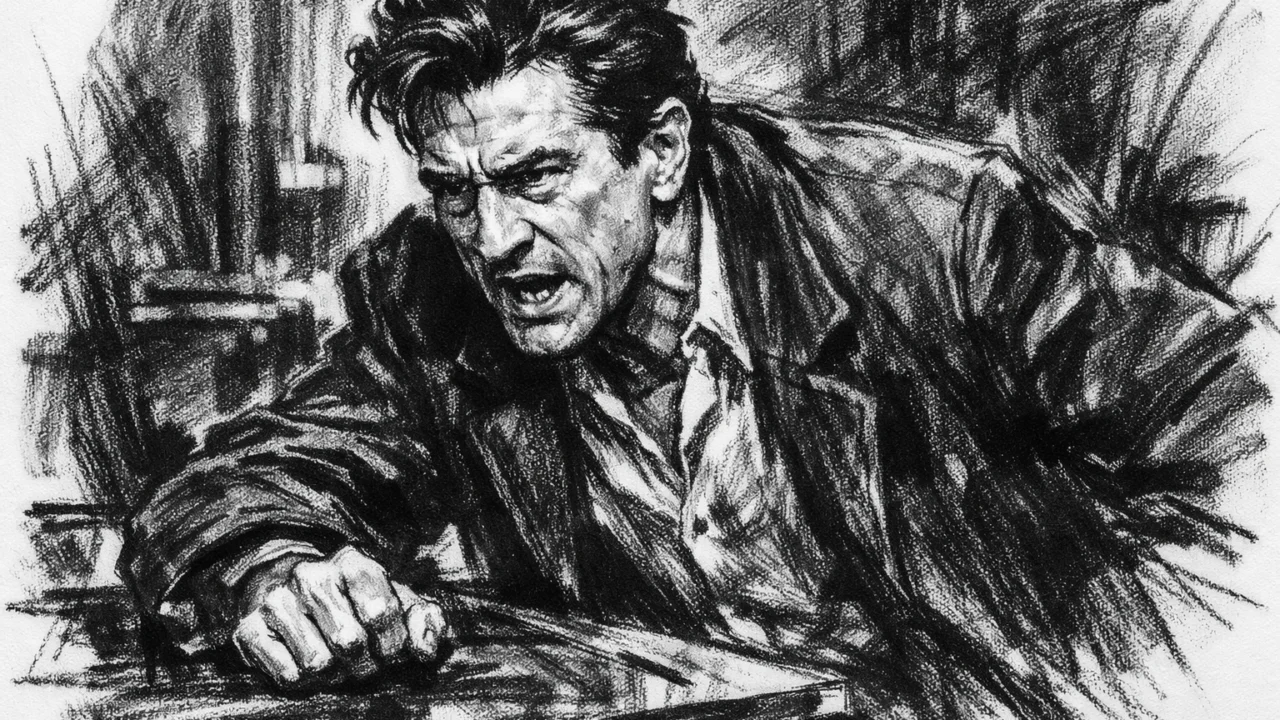 Ikonična glumačka scena Roberta De Nira u ugalj stilu, izražajan crno-bijeli umjetnički prikaz