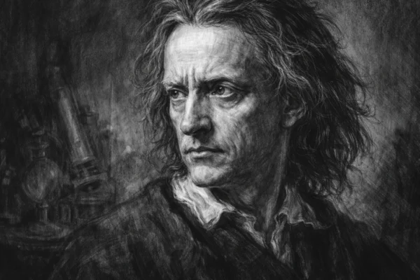Portret Roberta Hookea u zaglavlju, znanstvenik u ugalj stilu s izrazito detaljnim linijama i snažnim kontrastom.