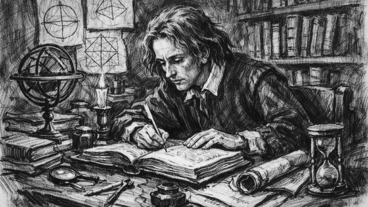 Robert Hooke tijekom studija na Oxfordu među knjigama i instrumentima, ilustrirano u ugalj stilu.