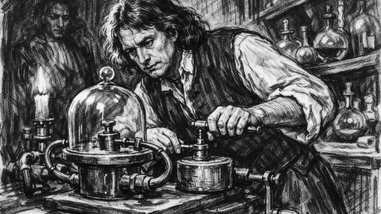 Robert Hooke u laboratoriju dok radi na zračnoj pumpi, prikazano u ugalj stilu.