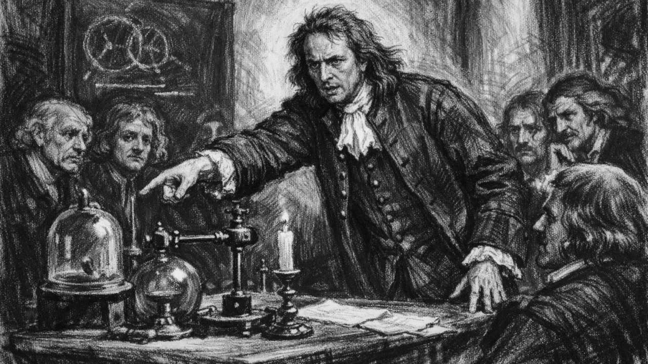 Robert Hooke predstavlja eksperiment pred Kraljevskim društvom, nacrtano u ugalj stilu.