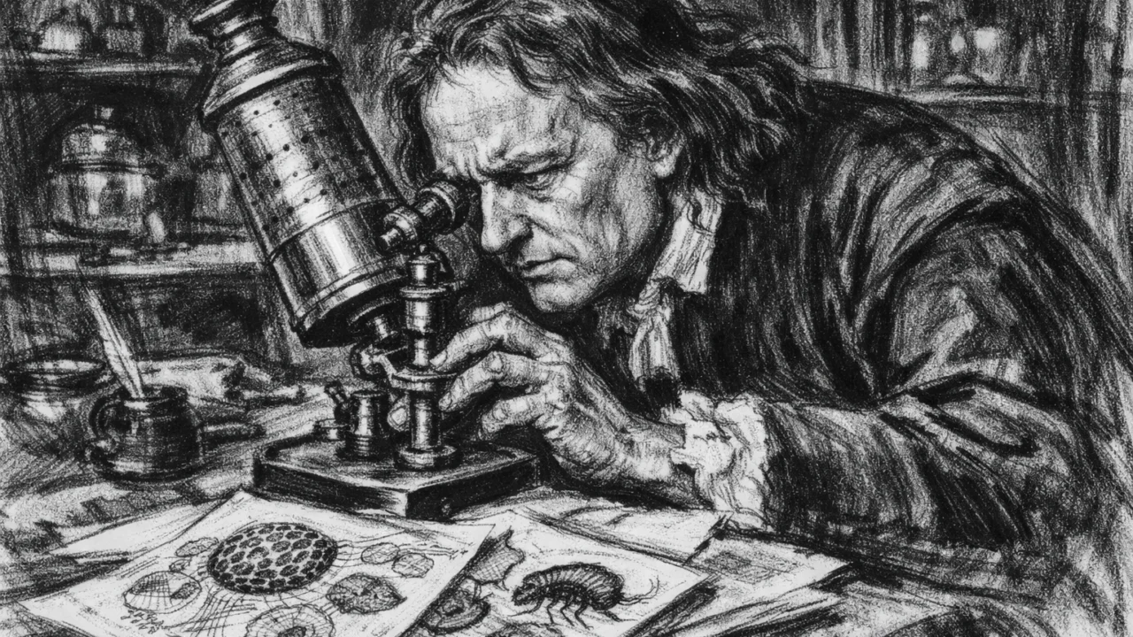 Robert Hooke proučava uzorke mikroskopom tijekom rada na Micrographiji, u ugalj stilu.