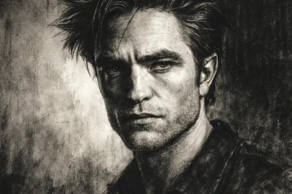 Portret Roberta Pattinsona u ugalj stilu, crno-bijeli, visoki kontrast, izražajne linije