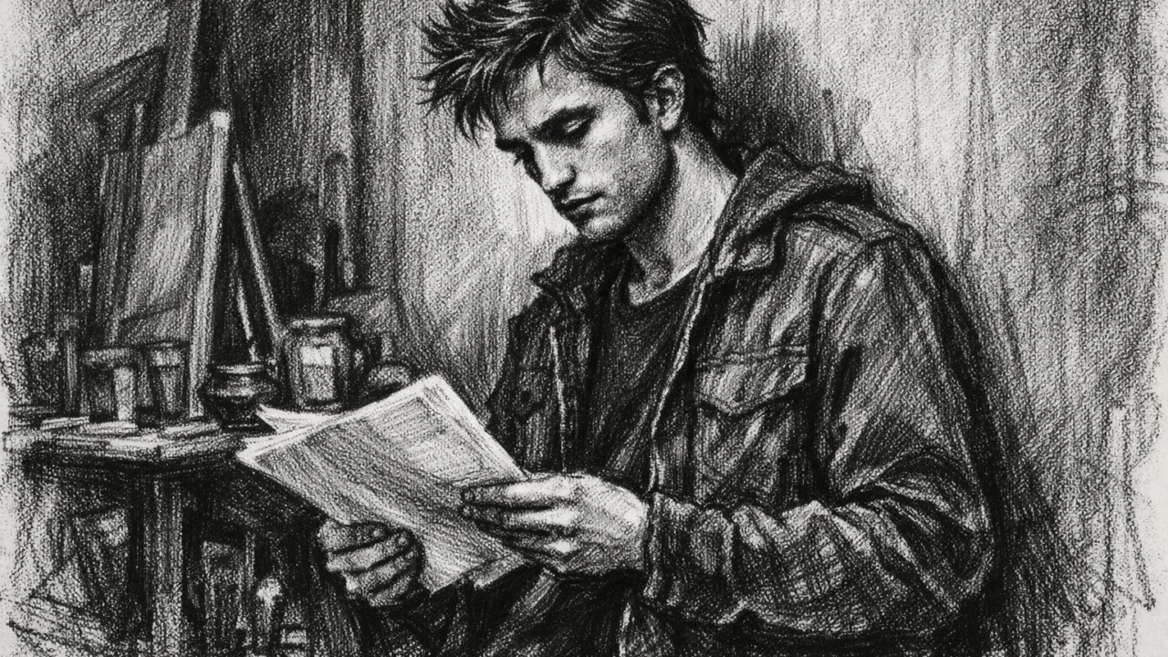 Robert Pattinson proučava tekst za ulogu, prikazano u ugalj stilu