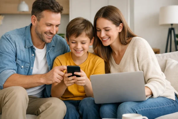 Roditelji i dijete koriste pametni telefon i računalo uz roditeljske kontrole u modernom obiteljskom okruženju