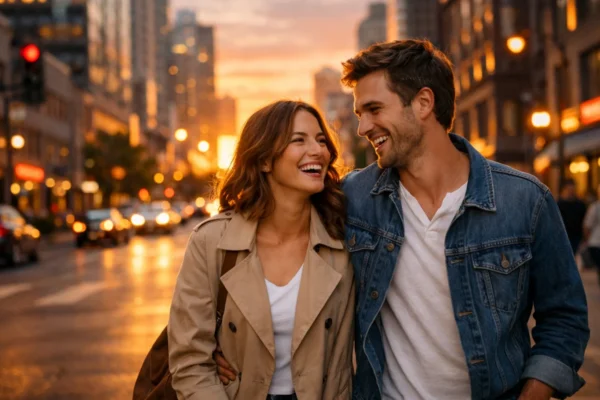 Romantična komedija prikazana kroz zaljubljeni par u gradu, simbol ljubavi, humora i laganog filmskog žanra