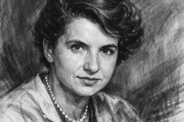 Portret Rosalind Franklin u ugalj stilu, crno-bijeli prikaz znanstvenice snažnog pogleda i izražajnih linija.