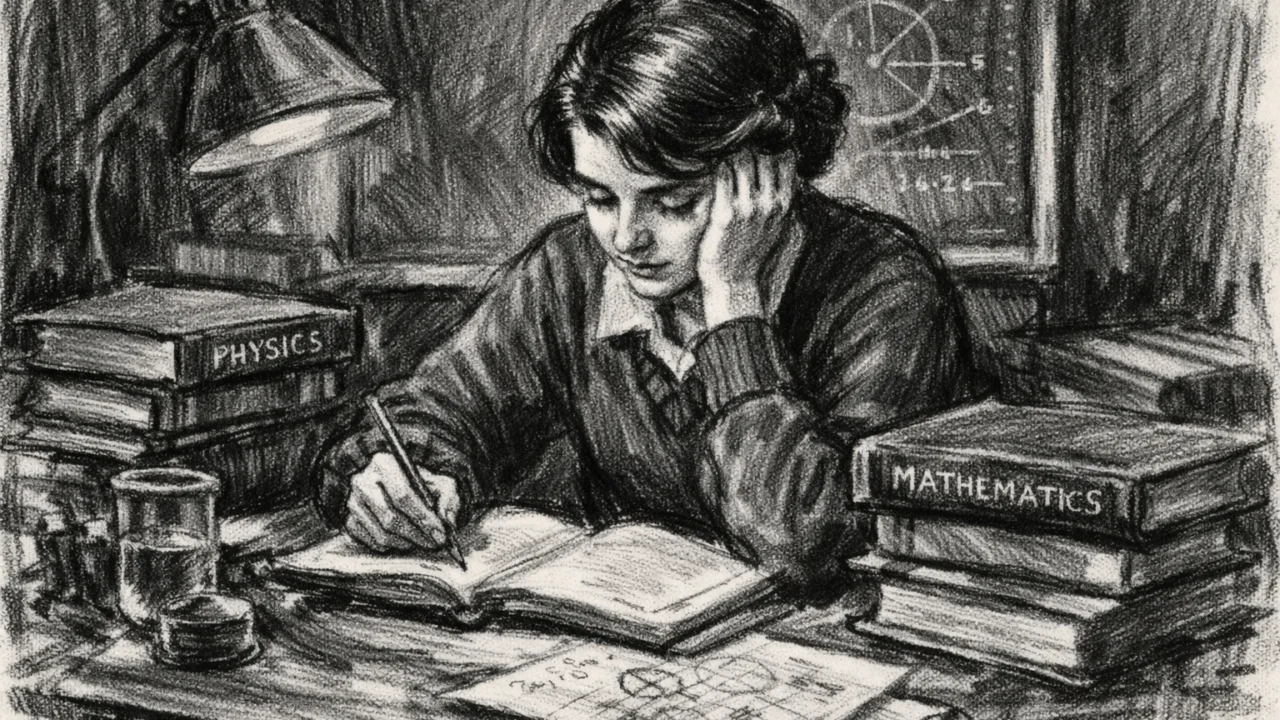 Rosalind Franklin kao mlada učenica za radnim stolom, ugalj stil, naglašena rana predanost znanosti.