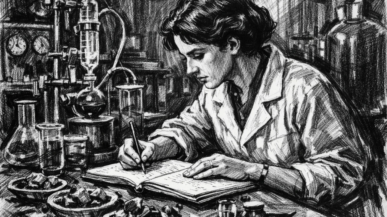 Rosalind Franklin u laboratoriju tijekom doktorskog rada, ugalj stil s naglaskom na eksperimentalnu preciznost.