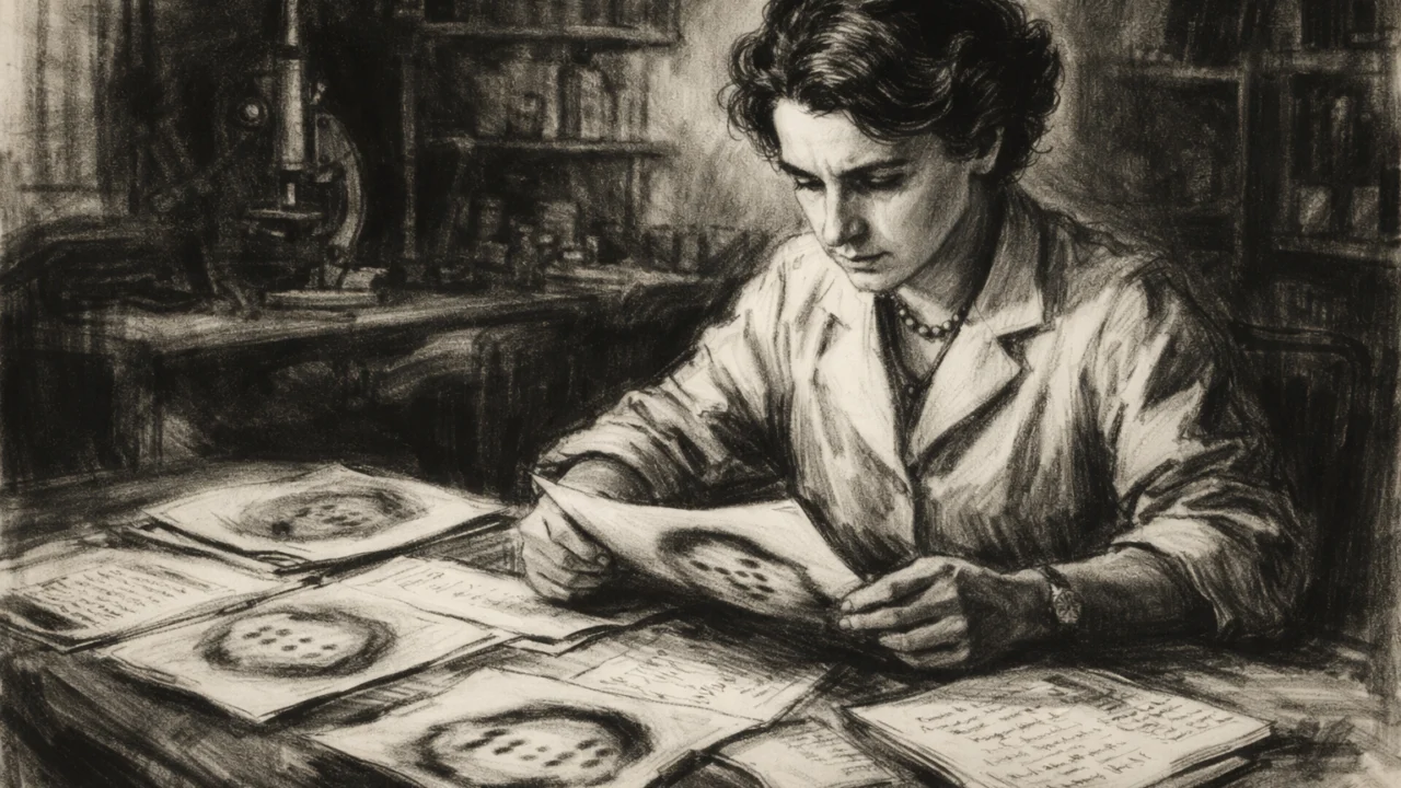 Rosalind Franklin dok analizira znanstvene podatke, ugalj stil koji naglašava fokus i analitičnost.