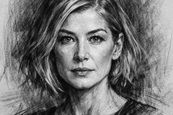 Portret glumice Rosamund Pike u crno-bijelom ugalj stilu, s naglašenim kontrastom i izražajnim linijama lica