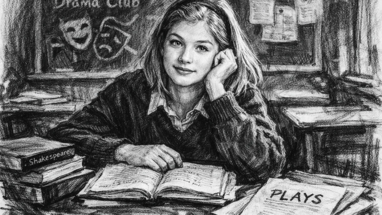 Mlada Rosamund Pike u školskom okruženju prikazana u ugalj stilu, s knjigama i ranim afinitetom prema glumi