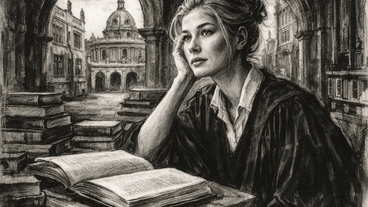 Rosamund Pike tijekom studija na Oxfordu, nacrtana u ugalj stilu s naglaskom na akademsko okruženje