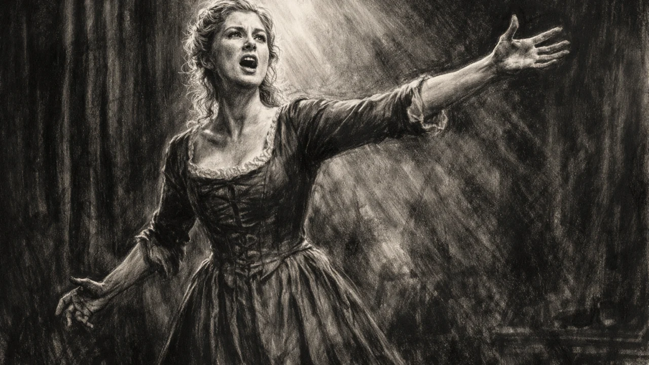 Kazališni nastup Rosamund Pike u ranoj fazi karijere prikazan u izražajnom ugalj stilu