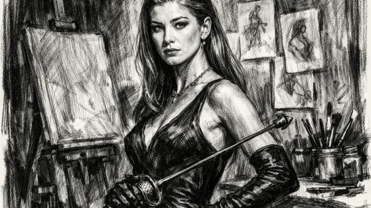 Filmska scena s Rosamund Pike kao Miranda Frost nacrtana u dramatičnom ugalj stilu