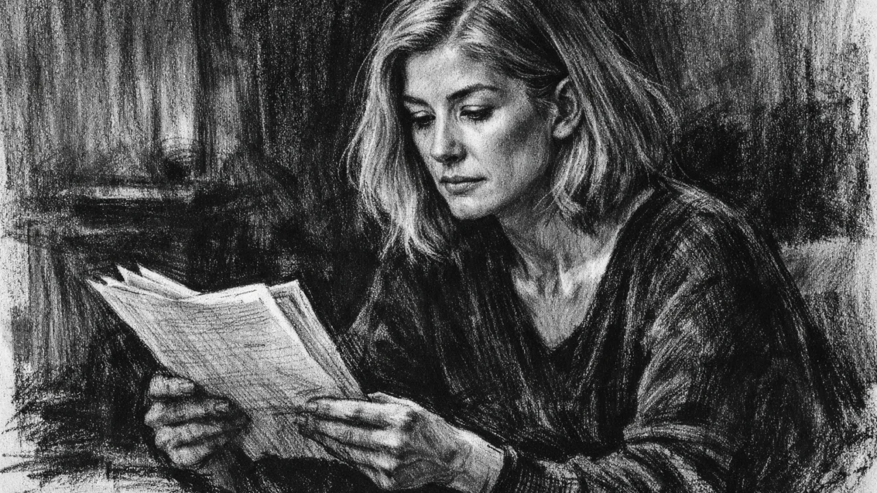 Intimni trenutak Rosamund Pike dok proučava tekst, prikazan u sofisticiranom ugalj stilu