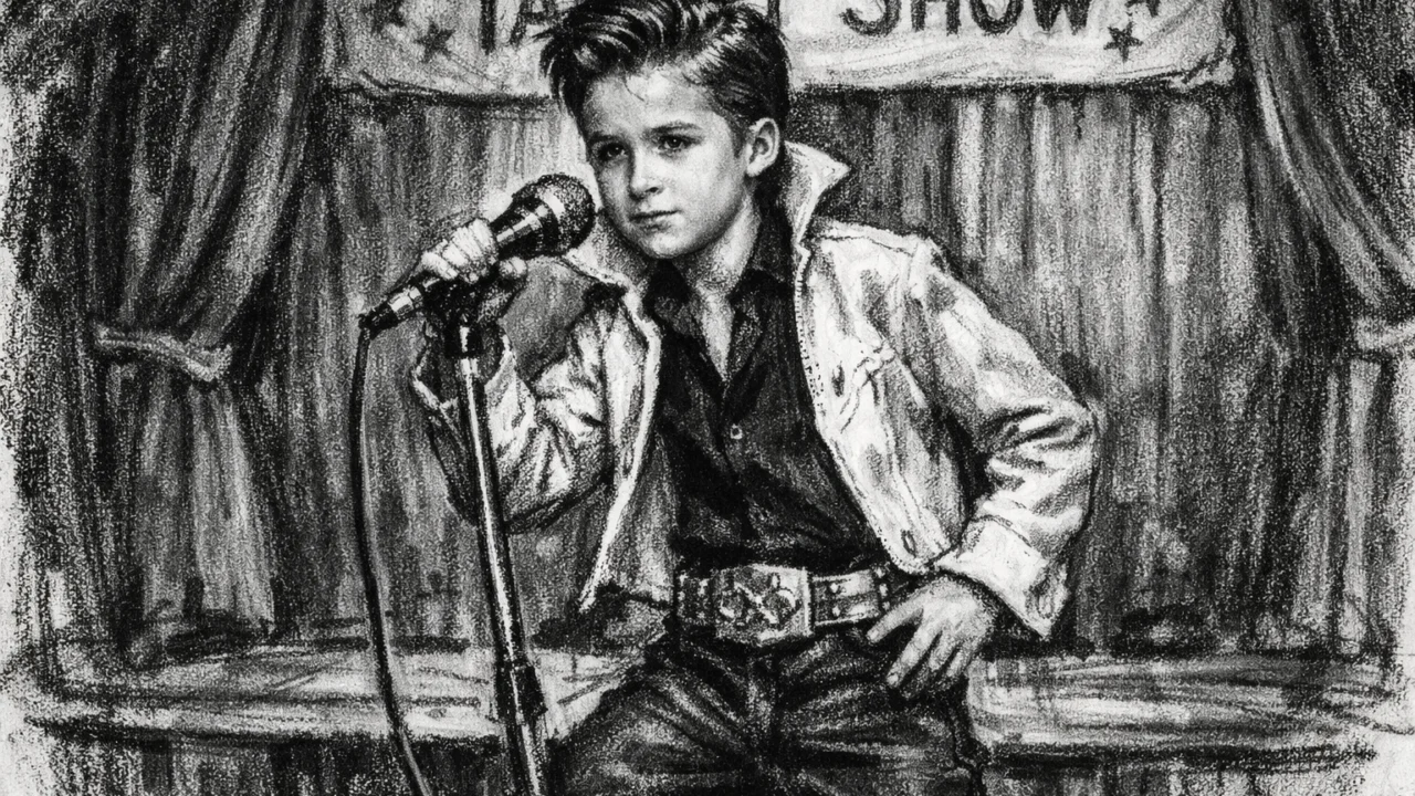 Rani nastup Ryana Goslinga u školskom talent showu, prikazan u ugalj stilu s izražajnim linijama