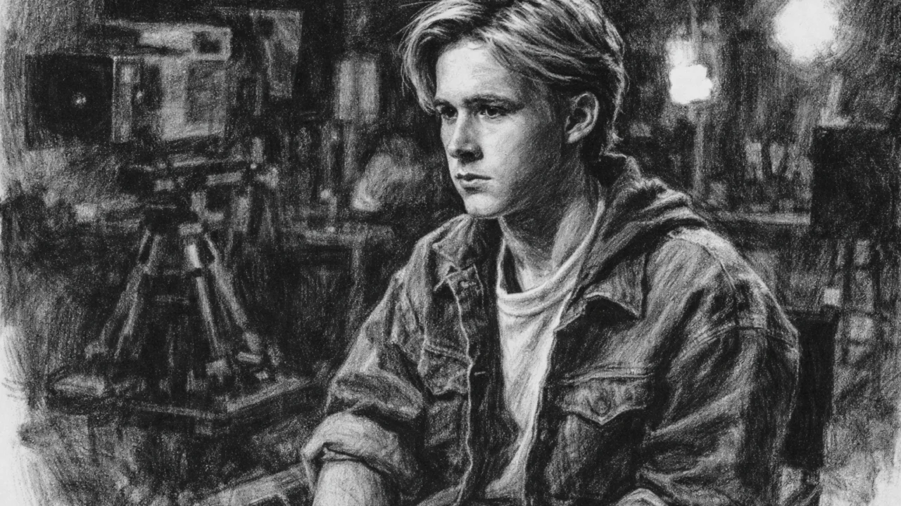 Mladi Ryan Gosling na televizijskom setu tijekom ranih uloga, prikaz u ugalj stilu