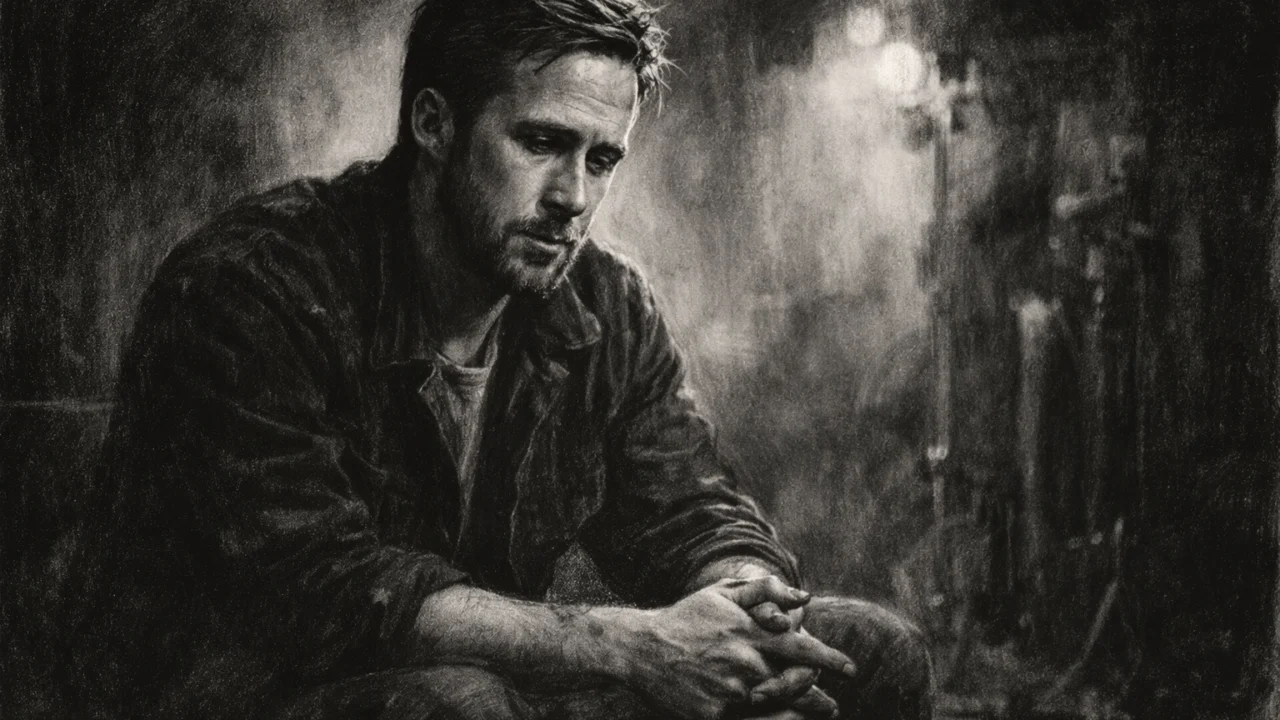 Ryan Gosling u trenutku introspekcije na setu, snažan crtež u ugalj stilu