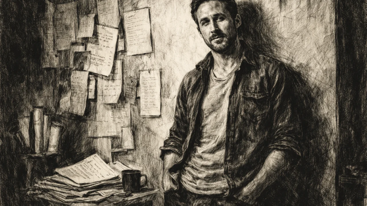 Zrela faza karijere Ryana Goslinga u umjetničkom okruženju, detaljan prikaz u ugalj stilu