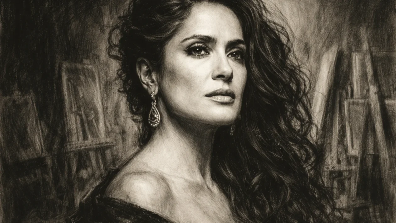 Hero portret Salme Hayek u ugalj stilu, snažan crno-bijeli portret s izraženim linijama lica
