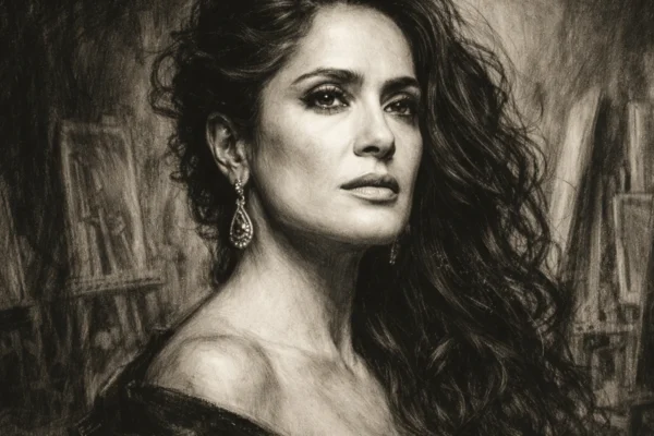 Hero portret Salme Hayek u ugalj stilu, snažan crno-bijeli portret s izraženim linijama lica