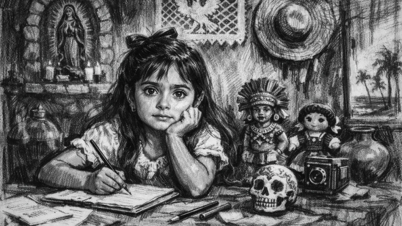 Djetinjstvo Salme Hayek u Meksiku prikazano u ugalj stilu, crno-bijela scena ranog života