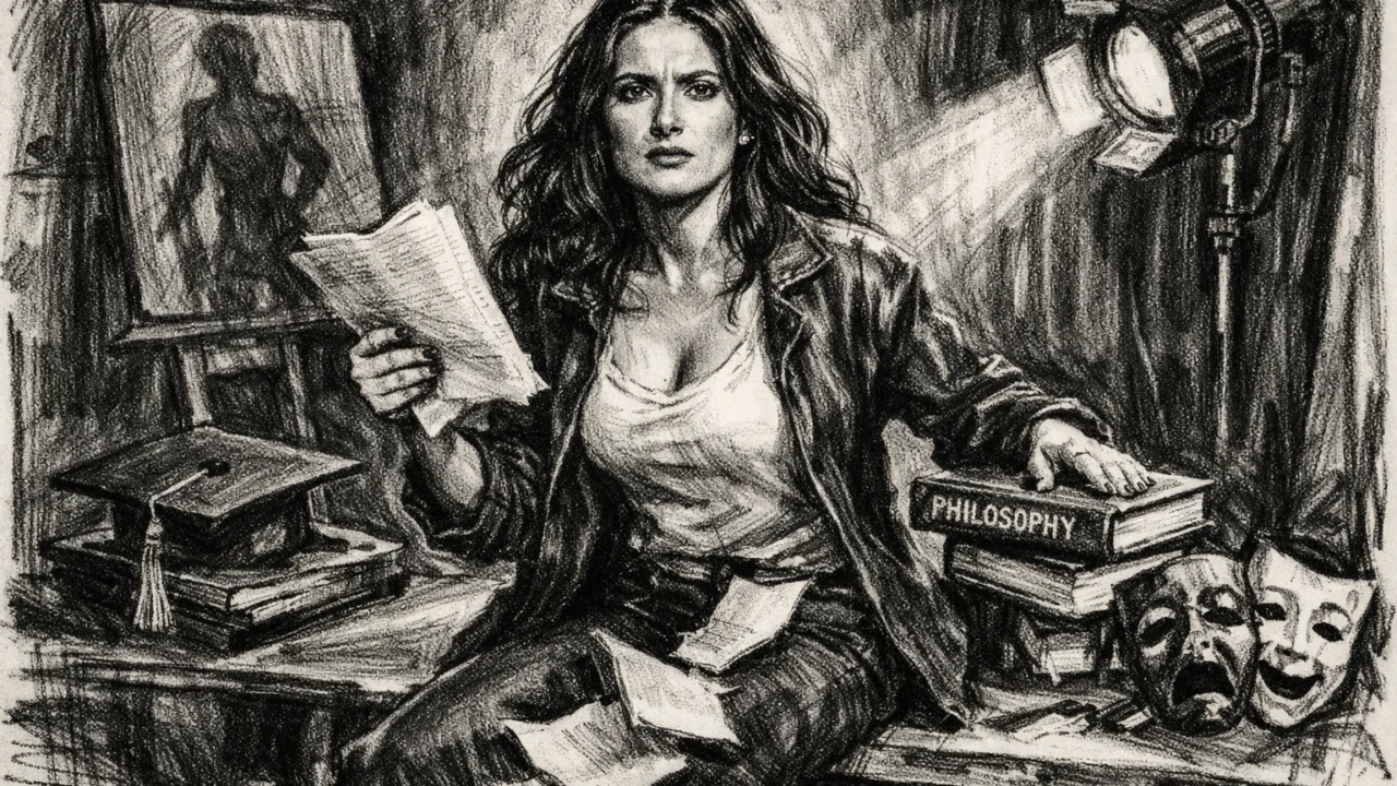 Ključna životna odluka Salme Hayek prikazana u ugalj stilu, simbolična crno-bijela scena