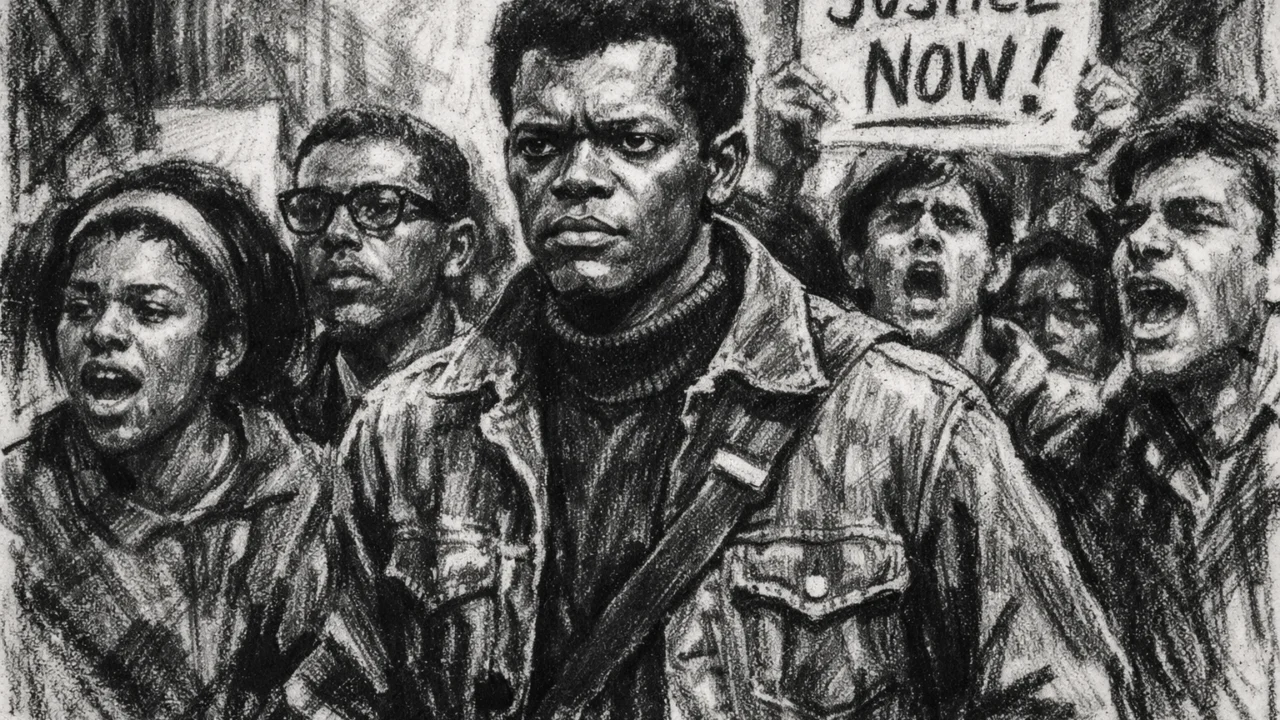 Samuel L. Jackson u vrijeme građanskog aktivizma, ilustriran u ugalj stilu