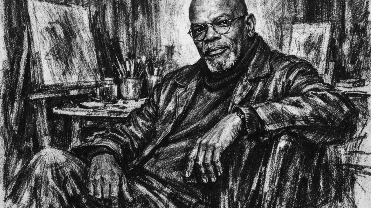 Zreliji Samuel L. Jackson u introspektivnoj sceni, izrađen u ugalj stilu