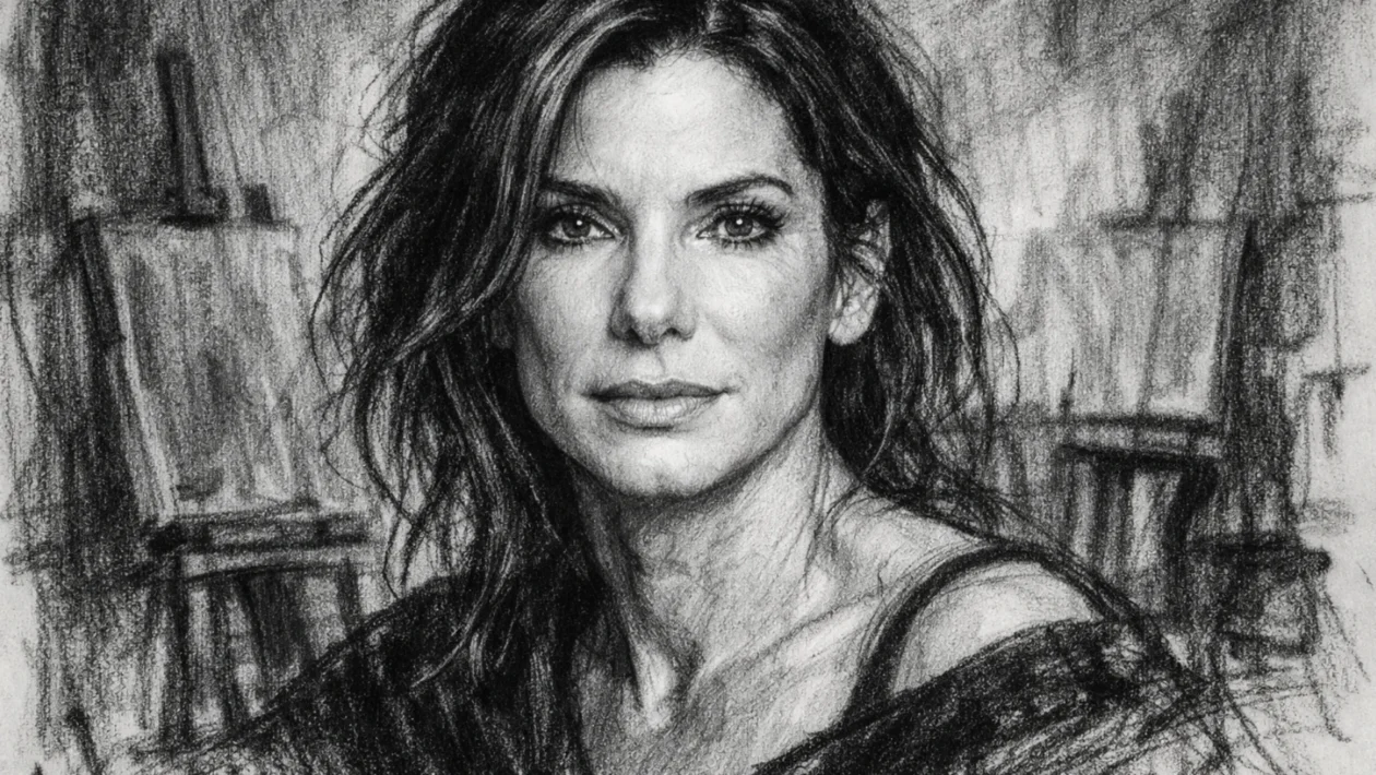 Hero portret Sandre Bullock u ugalj stilu, crno-bijeli umjetnički portret s visokim kontrastom i izražajnim linijama