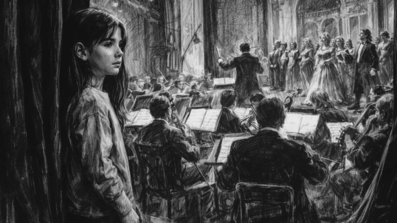 Sandra Bullock kao dijete u kazalištu u Njemačkoj, prikazana u ugalj stilu s opernom pozadinom i snažnim kontrastom